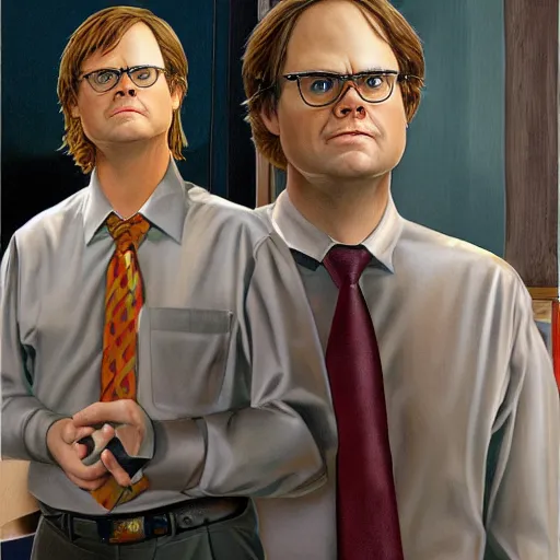 Image similar to close-up of Rainn Wilson in The Office (2005) as Dwight Schrute, highly detailed, sharp focus, digital painting, artwork by Victor Adame Minguez + Yuumei + Tom Lovell + Sandro Botticelli