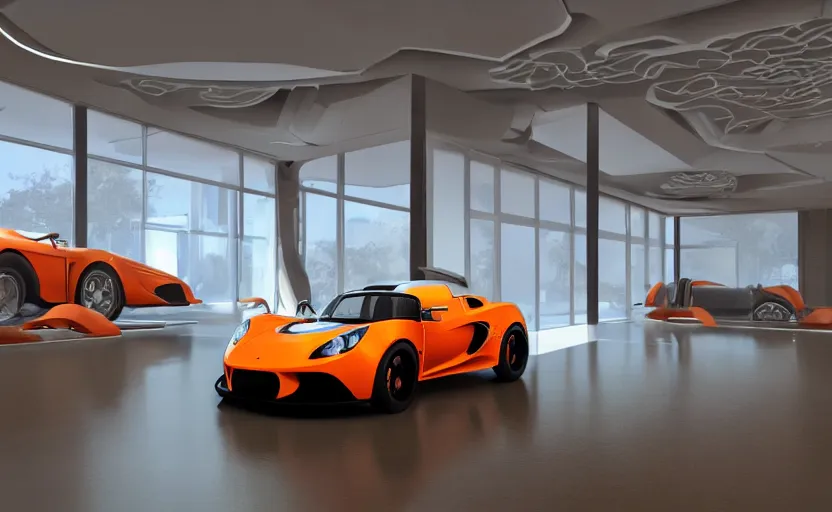 Image similar to futuristic lotus exige ( ( orange ) ) parked within interior view of futuristic auto showroom ( ( frank lloyd wright ) ) luminescent concept art, unreal engine 5, artstation highly detailed, digital art, 8 k hdr, soft lighting, hyperrealistic, godrays