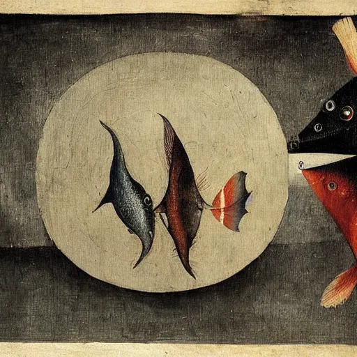 Image similar to two fishes talking to eachother in deep sea, art by hieronymus bosch