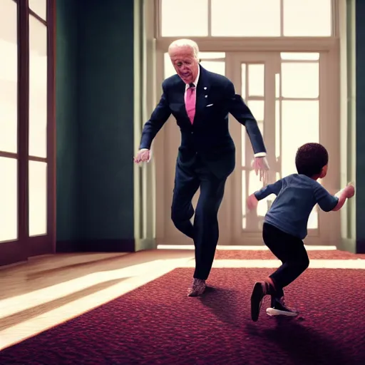 Image similar to joe biden chasing a child in the backrooms, hyper - realistic, 4 k, octane - render, realistic.