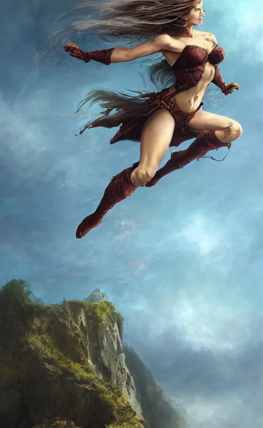 Image similar to photorealistic image of beautiful victorian female jumping gainer from a cliff fantasy warrior goddess, wind blown hair, seductive, confident, Neil Blevins, Frank frazetta, arney freytag, Magic the gathering,octane,