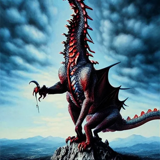 Image similar to giant dragon standing on a mountain, highly detailed, 4 k, hdr, award - winning, painting by gottfried helnwein