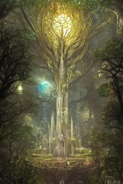 Prompt: tree of life, volymetric light, tiny miniature city around base of tree, sprawling out around it, dappled shadows and sparkly buildings, highly detailed matte painting by ( ohrai ), charlie bowater and mark brooks