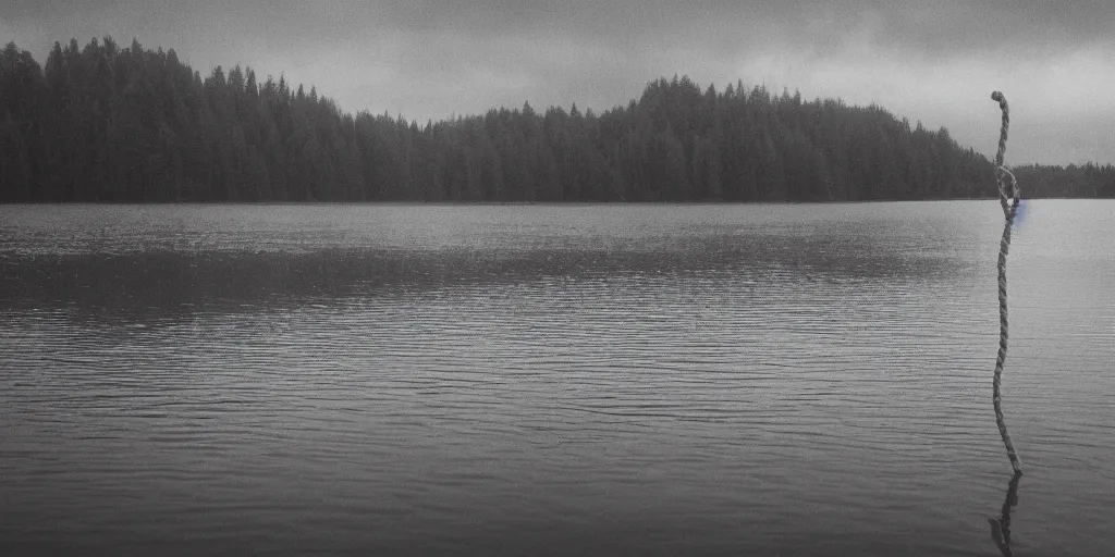 Prompt: centered photograph of a infintely long rope zig zagging across the surface of the water into the distance, floating submerged rope stretching out towards the center of the lake, a dark lake on a cloudy day, moody vibe, trees in the background, hyper - detailed photo, anamorphic lens