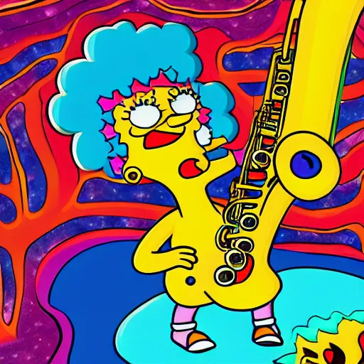 Image similar to Lisa Simpson falling into a giant saxophone, psychedelic art, uhd, matte painting