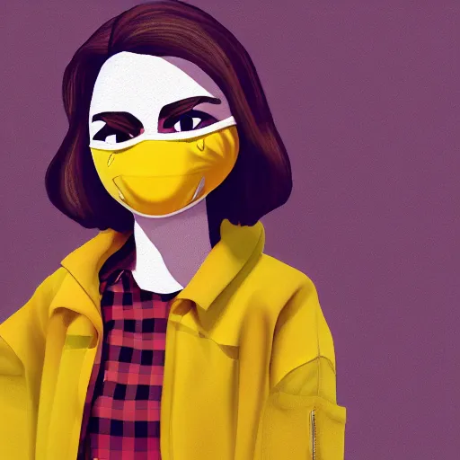 Prompt: woman with a egg mask wearing a flannel jacket and jeans, character design, digital art, stylised, 4 k