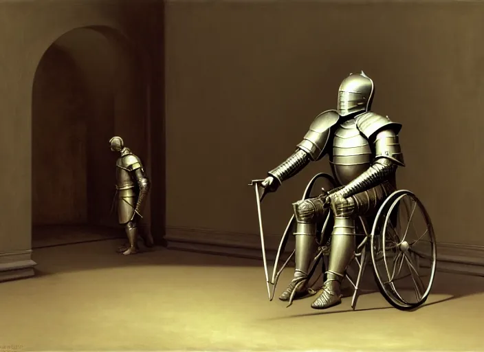 Prompt: knight in armor in a wheelchair do tricks, rome, highly detailed, soft lighting, elegant, works by edward hopper and james gillard, zdislaw beksinski, stephen outram, andreas m wiese, highly detailed, masterpiece. rendered in blender, smooth shadows, ultra detail, high resolution, unreal 6, 8 k