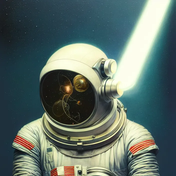 Image similar to ultra realistic retro futuristic astronaut helmet, lens flare, diffuse lighting, fantasy, intricate, elegant, highly detailed, lifelike, photorealistic, digital painting, artstation, illustration, concept art, smooth, sharp focus, art by John Collier and Albert Aublet and Krenz Cushart and Artem Demura and Alphonse Mucha