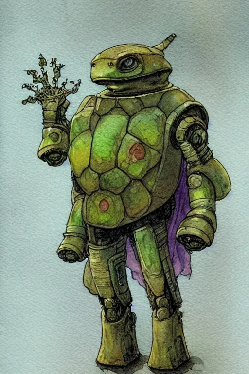 Image similar to a simple and atmospheric watercolour fantasy character concept art portrait of a mechanized android turtle as a druidic warrior wizard looking at the camera with an intelligent gaze, very muted colors, by rebecca guay, michael kaluta, charles vess and jean moebius giraud
