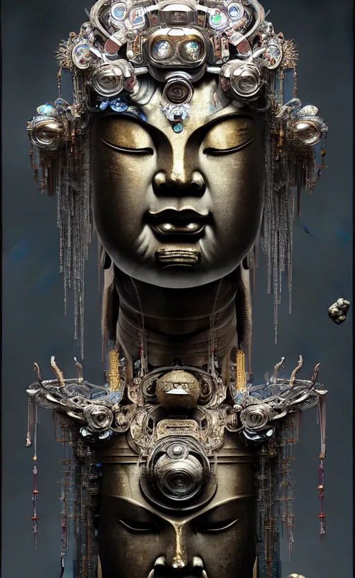 Image similar to thousand - handed guanyin from chinese mythology, ghost, gorgeous and huge head ornaments, dystopian, cyberpunk, mecha, halfturn portrait of a big crystal face made of crystals half - turn, ominous, intricate, studio, art by anthony macbain + greg rutkowski + alphonse mucha, concept art, 4 k, sharp focus