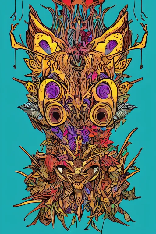 Image similar to animal mask totem roots flower tribal feather gemstone plant wood rock shaman vodoo video game vector cutout illustration vivid multicolor borderlands comics by josan gonzales and dan mumford radiating a glowing aura