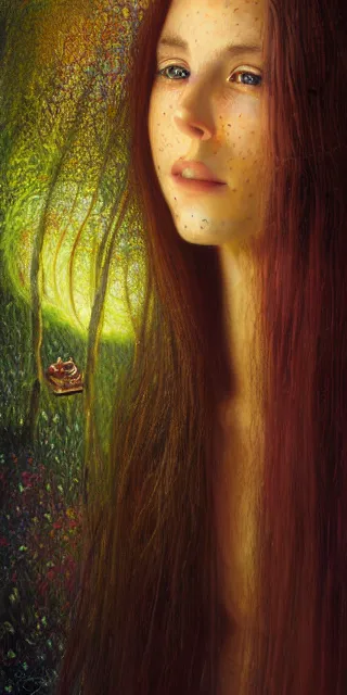 Image similar to infp young woman, smiling amazed, golden fireflies lights, sitting in the midst of nature fully covered, long loose red hair, intricate linework, green eyes, small nose with freckles, oval shape face, realistic, expressive emotions, dramatic lights spiritual scene, hyper realistic ultrafine art by michael cheval, jessica rossier, boris vallejo