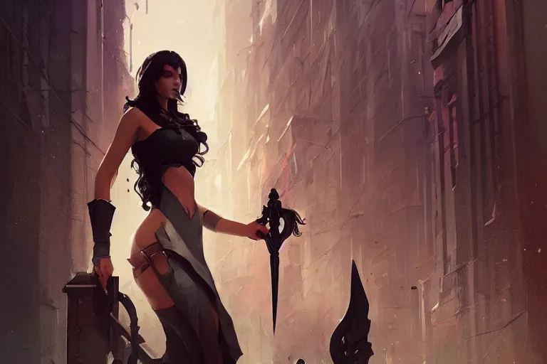 Image similar to seductive goddes holding a grim reapers tool in a modern city in the style of Durand and greg rutkowski, beautiful, geometric, trending on artstation, cinematic