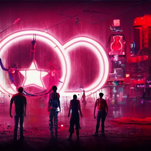 Prompt: a group of people standing around a giant bloody mickey mouse, cyberpunk art by david lachapelle, cgsociety, dystopian art by industrial light and magic, netflix neon logo concept art, neons, interior