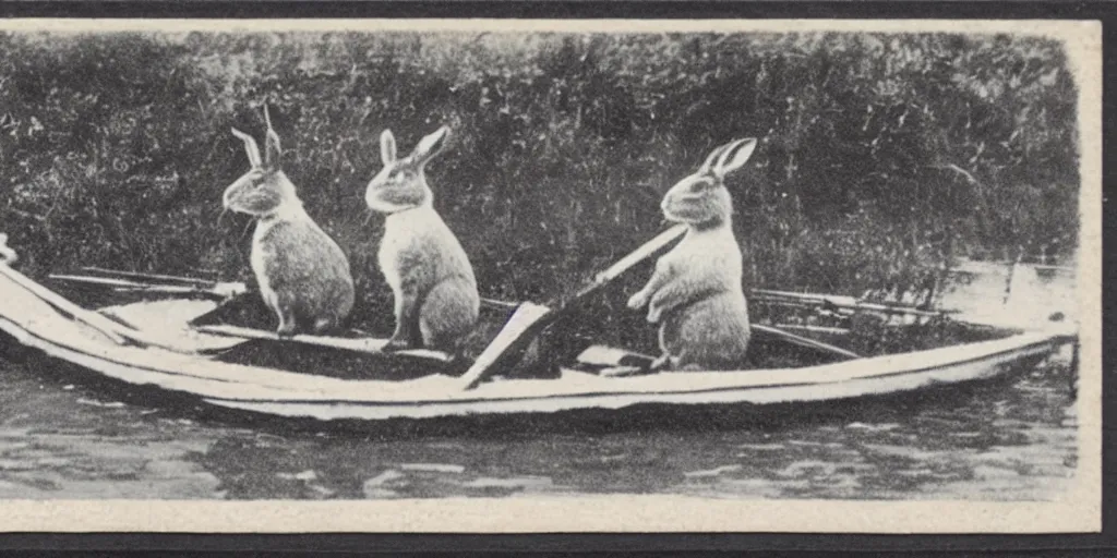 Prompt: a 1 9 1 0 s postcard representing two rabbits in a rowboat