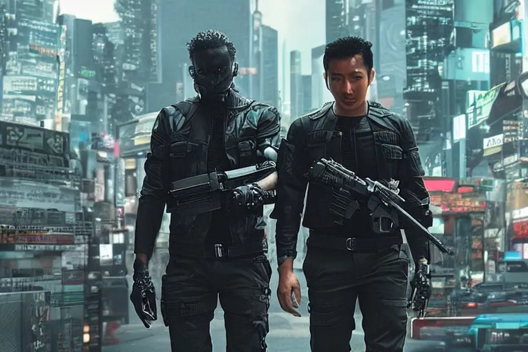 Image similar to movie diverse interracial team of Japanese sci-fi futuristic robbers armed with rifles interior clean futuristic tactical van, cyberpunk city, beautiful skin, Symmetrical faces. natural lighting by Emmanuel Lubezki