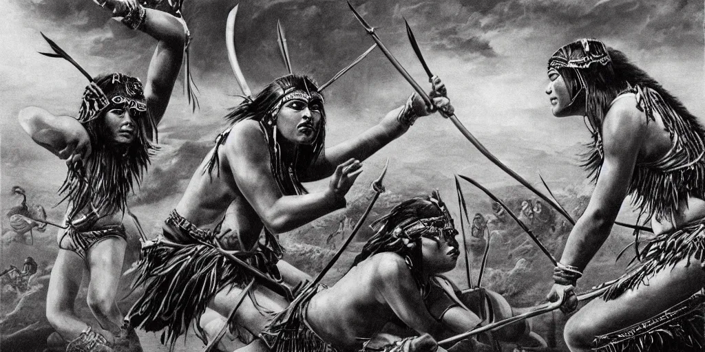 Prompt: movie, beautiful distanced aztec warrior female tribes attack each other,bows and arrows, spears, epic, vintage, black and white, Boris vallejo, sepia, apocalypto