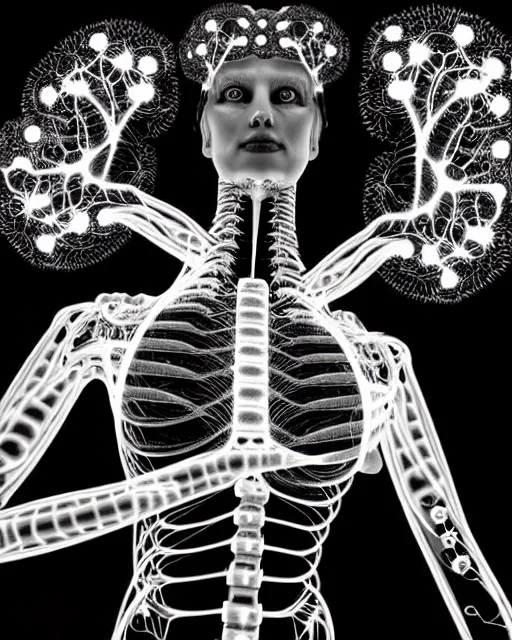 Image similar to black and white cyborg - plant goddess high quality photo, microchip, artificial intelligence, bio - mechanical bio - luminescence, black wired cables, neurons, nerve cells, cinematic, rim light, photo - realistic, high detail, 8 k, masterpiece, high fashion, in the style of steven meisel dora maar h. g. giger