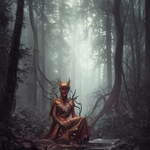 Prompt: mysterious elven king meditating in a foggy forest at dusk professional photography, d & d, fantasy, intricate, elegant, highly detailed, sharp focus, illustration, art by artgerm and greg rutkowski and alphonse mucha