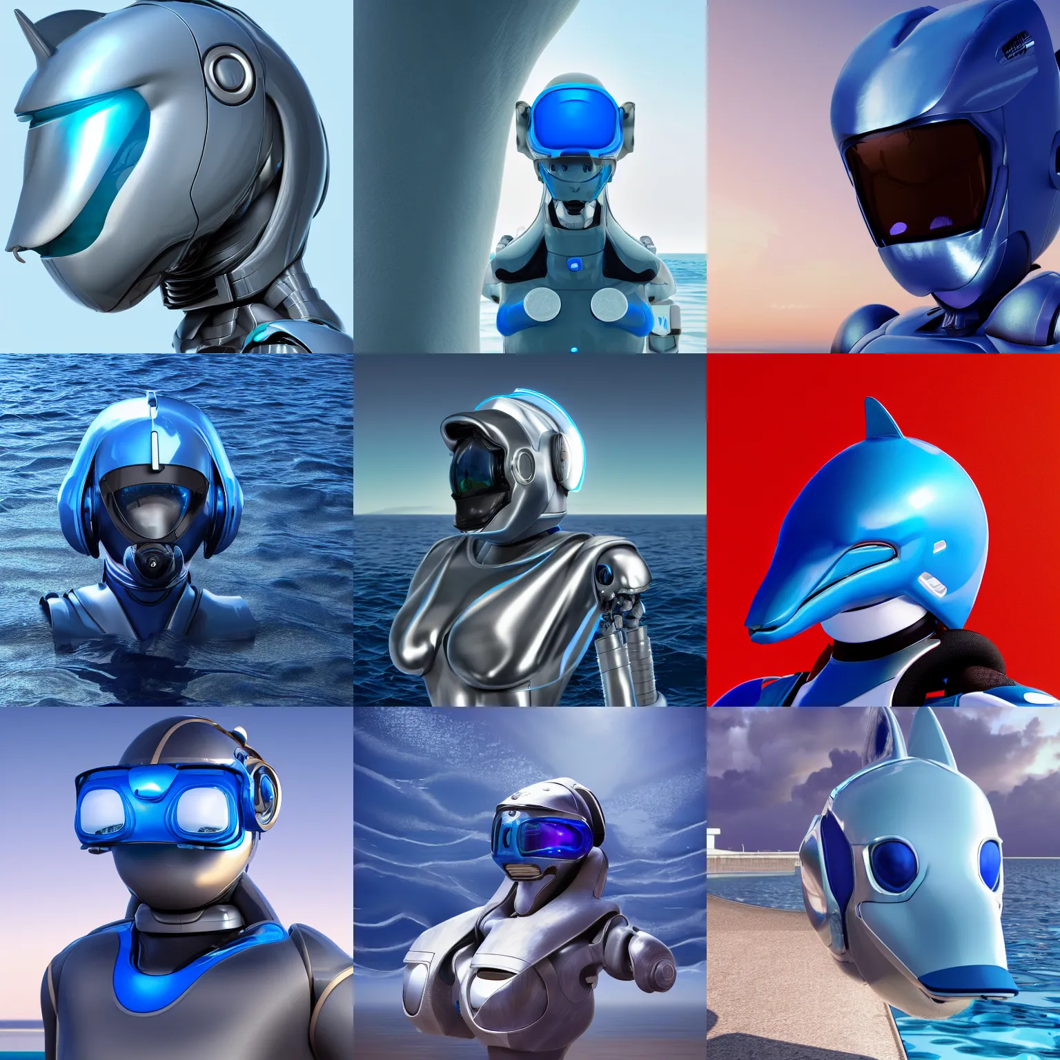 Prompt: furry art, male anthro dolphin hybrid robot, integrated synthetic android, face covered by visor, wide bottlenose beak protruding from under visor, ultramarine metal, sea in background, fursona commission on furaffinity, 3 d, cgsociety, octane render
