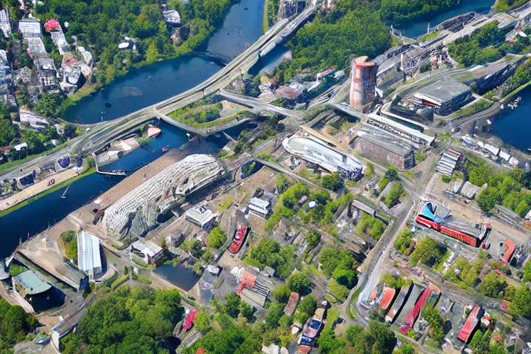 Prompt: bird's eye view photography of a small city. town hall, central farm, monorail station, beach and shipping dock. hills, woods and pond to the north.