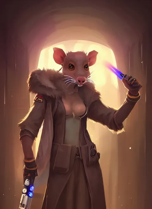 Image similar to commission of a beautiful portrait of a female anthro rat fursona wearing jedi robes in a forested cyberpunk city. character design by charlie bowater, ross tran, artgerm, and makoto shinkai, detailed, soft lighting, rendered in octane