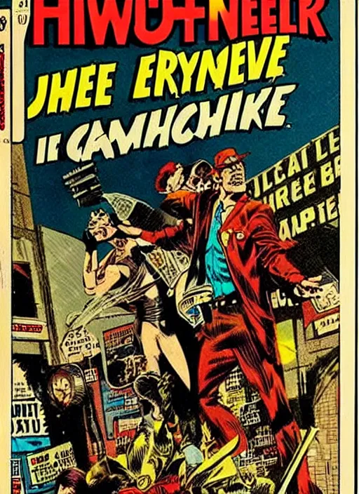 Prompt: an old fashioned vintage hwh comic book cover, will eisner, joe kubert, 1 9 6 8, dramatic, noir, creepy, surreal, weird, incredible, photo real