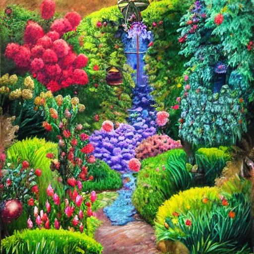 Image similar to a fairytale garden, painted by pablo amaringo