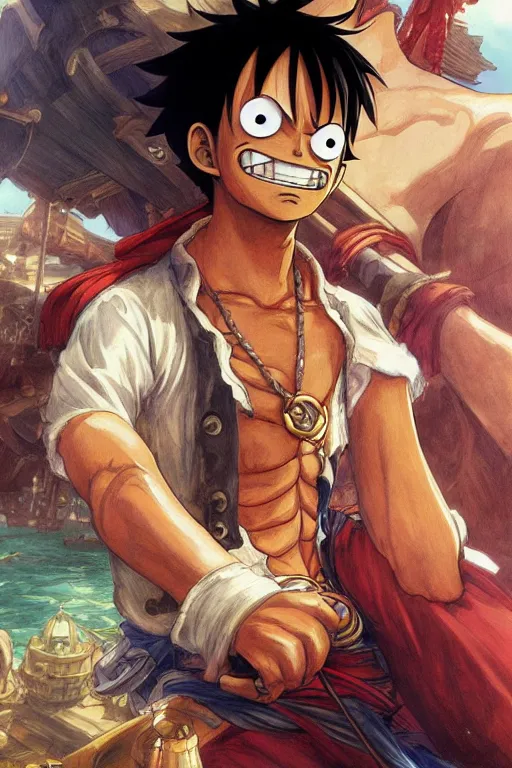 Prompt: Luffy from One Piece on a pirate ship, highly detailed, digital painting, artstation, concept art, sharp focus, illustration, art by artgerm and greg rutkowski and alphonse mucha