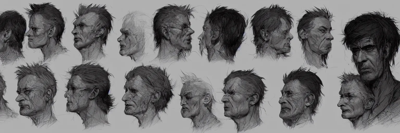 Prompt: character faces, realistic marc ribot face, clear marc ribot face, character sheet, fine details, concept design, contrast, kim jung gi, greg rutkowski and da vinci, trending on artstation, 8 k, emotional, face turnaround, front view, back view, side view, ultra wide angle