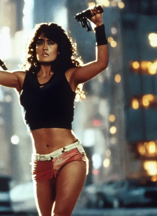 Image similar to film still of Salma Hayek as John McClane in Die Hard, 4k