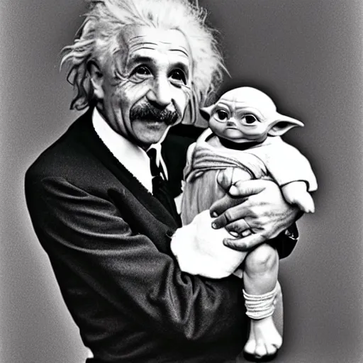 Image similar to b&w photo of Einstein holding baby Yoda on his arm next to the Eiffel tower