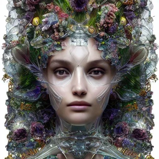 Prompt: the goddess of an extremely beautiful, gorgeous, elegant glass femel mechanoid made of transparent glass, full body, ultrafine detailed illustration by james jean, giuseppe arcimboldo, symmetrical, fiberglass, intricate, final fantasy, unreal engine, colored light, luminous, octane render, volumetric lighting, 8 k, artstation.