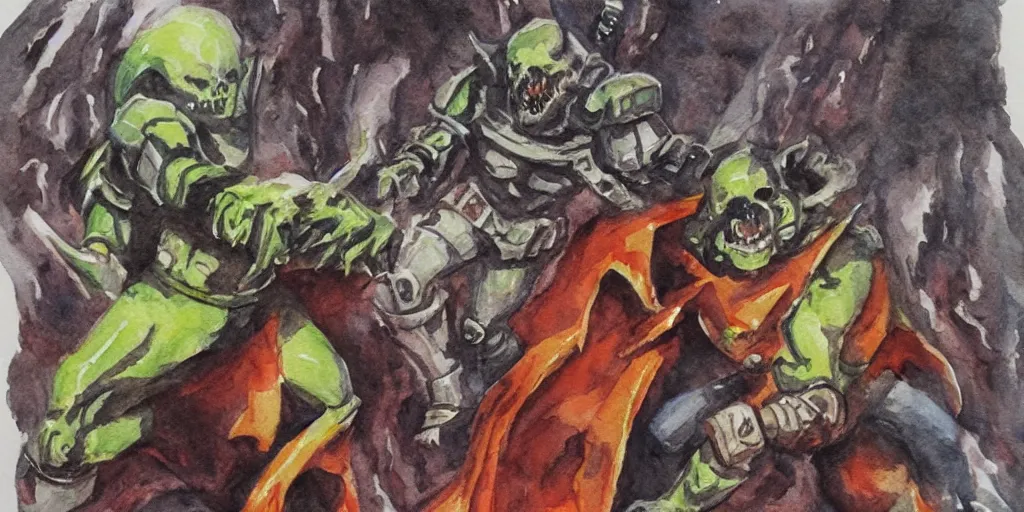 Prompt: doomguy fight in hell watercolor art dark shadows pergament paper