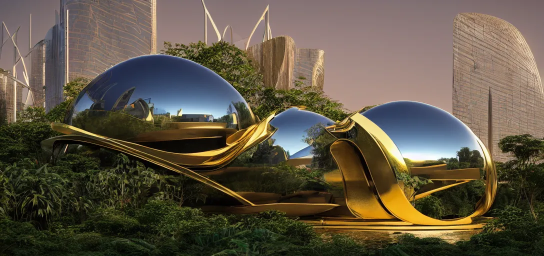 Image similar to futuristic shinny golden mirror building camouflaged in an jungle landscape of a solarpunk world by frank gerhy and oscar niemeyer, shinny golden roads and bridges designed by zaha hadid, movie poster, spiral golden ratio, at dusk lighting, evening lighting, reflections, film still, hyper realistic, octane render redshift arnold materials unreal engine, 8 k post production, hyper detailed