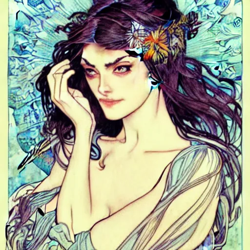 Image similar to in the style of artgerm, arthur rackham, alphonse mucha, phoebe tonkin, symmetrical eyes, symmetrical face, flowing blue skirt, hair blowing, intricate filagree, hidden hands, warm colors, cool offset colors