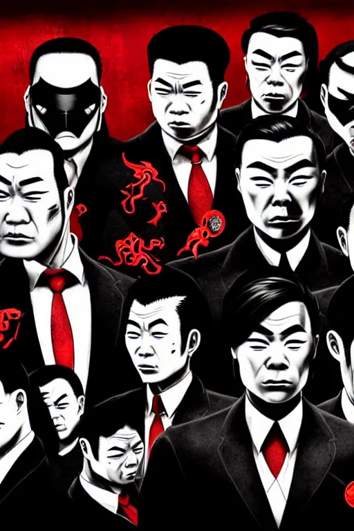 Prompt: chinnese mafia, with black suit and red tissue, some of leader have dragon tatto. digital art, concept art, pop art, bioshock art style, accurate, detailed, gta chinatown art style, cuphead art style, dynamic, face features, body features, ultra realistic, smooth, sharp focus, art by richard hamilton and mimmo rottela