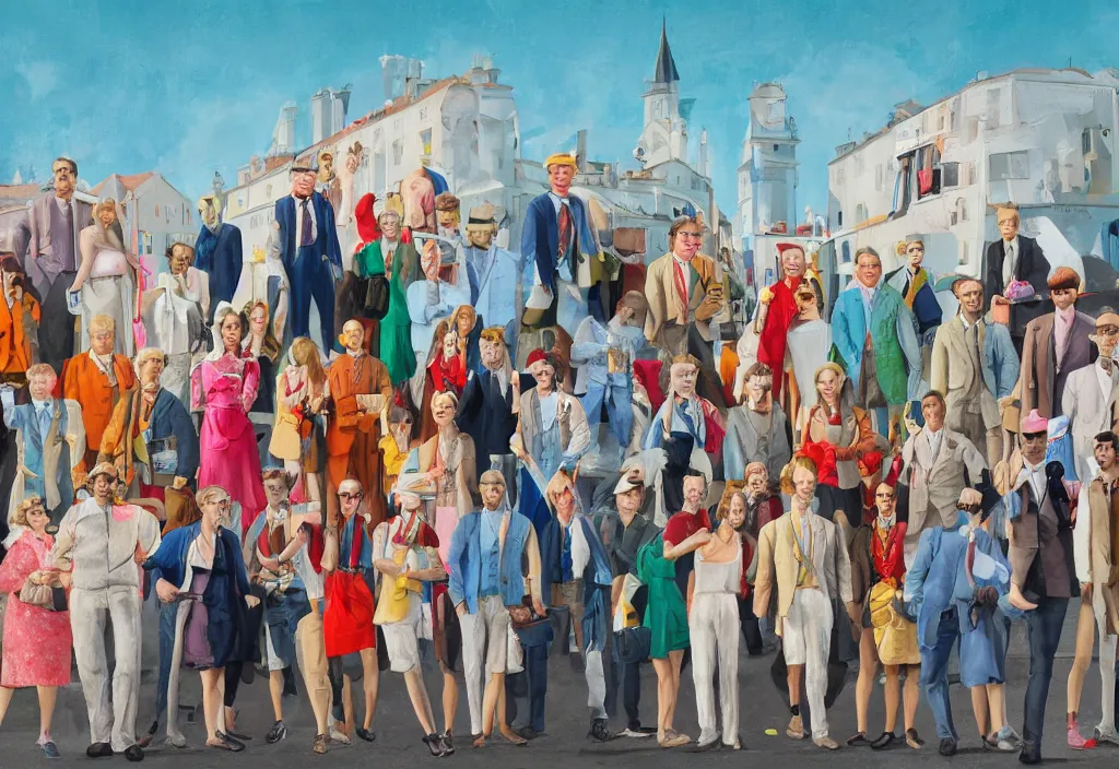 Image similar to full body portrait of a group, a row of a several european tourists getting off a tour bus, standing with a variety of poses and props, several character designs, sightseeing, a detailed painting, in the style of wes anderson, lola dupre, david hockney, isolated on negative white space background dark monochrome neon spraypaint accents volumetric octane render