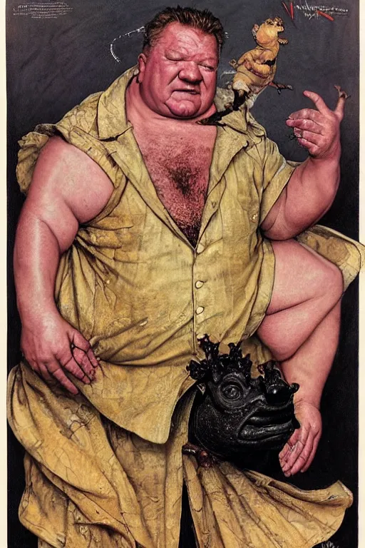 Prompt: dynamic upper body portrait of ray winstone as a toad hybrid and dressed as baron harkonnen, by norman rockwell and boris vallejo