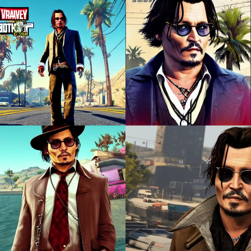 Prompt: Johnny Depp in GTA V cover, rockstar games, no text,