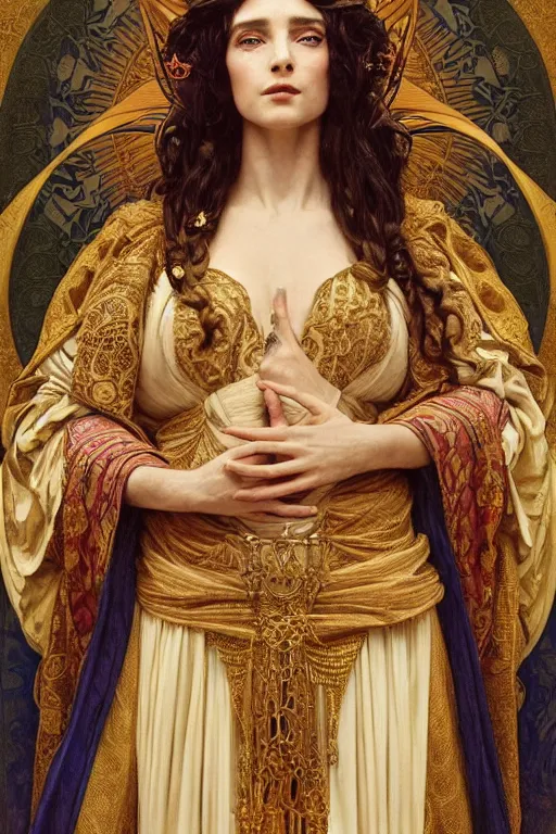 Prompt: Portrait of historically accurate, biblical, sneering, young, wicked, terrible, evil, pagan, beautiful, queen jezebel of ancient Israel, wearing gilded robes, long hair, intricate, elegant, highly detailed, masterpiece, illustration, art by artgerm and greg rutkowski and alphonse mucha and Wayne Barlowe and william-adolphe bouguereau, highly detailed, trending on artstation, award winning