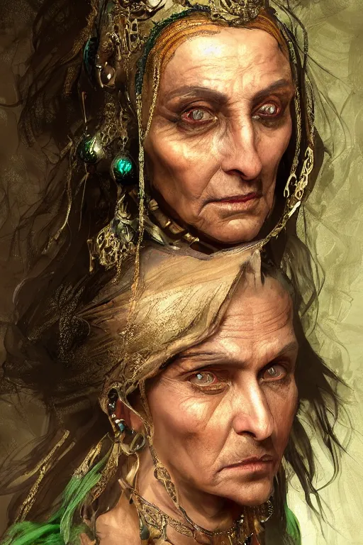 Image similar to portrait, headshot, digital painting, of a 17th century, beautiful, middle aged, middle eastern, wrinkles, wicked, cyborg merchant woman, dark hair, amber jewels, baroque, ornate dark green clothing, scifi, futuristic, realistic, hyperdetailed, concept art, chiaroscuro, side lighting, art by waterhouse