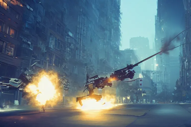 Image similar to six meter tall mech firing a minigun in a city, action scene, unreal engine screenshot, action game, octane render, trending on artstation