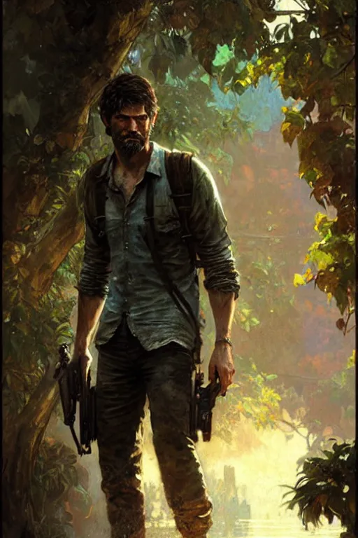 Prompt: attractive man, the last of us, cool colors, painting by gaston bussiere, craig mullins, greg rutkowski, alphonse mucha