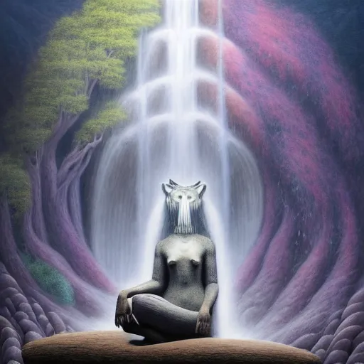 Prompt: an anthromorphic wolf meditating in a zen garden with a waterfall, by Adi granov and afarin sajedi and amanda sage and evgeni gordiets and Agostino Arrivabene in a psychedelic portrait style, ultrarealistic matte painting, volumetric lighting, fractal, extremely symmetrical, highly detailed face, orisha, 8k, hd