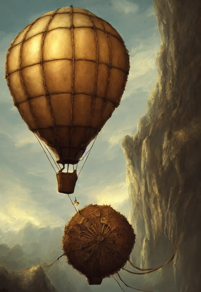 Image similar to old air balloon, epic fantasy, detailed, intricate, digital painting, concept art, realistic, smooth, focus, rim light