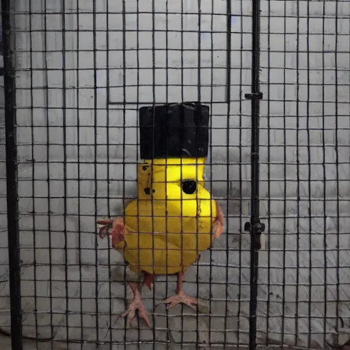 Prompt: cute chicken dressed as a prisioner in jail