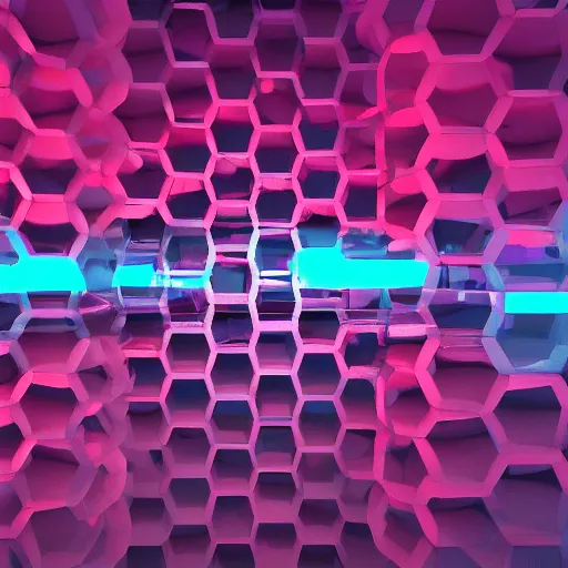 Prompt: a landscape of vertical hexagonal cylinders stretching to infinity, vaporwave, neon, raytraced, shiny, detailed, 4k