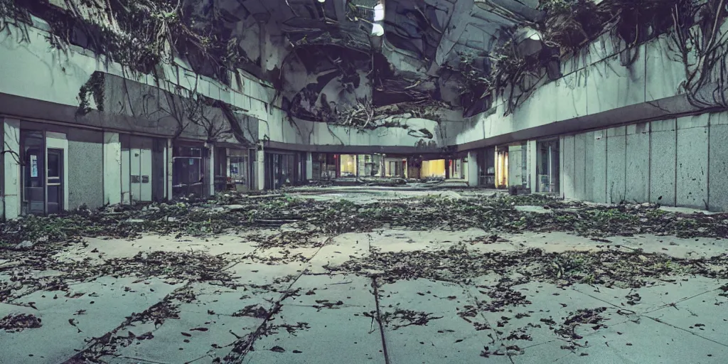 Prompt: overgrown and worn - down abandoned mall at night, award - winning anime scene