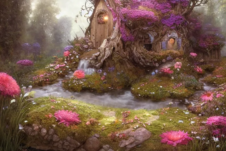 Image similar to wide angle view, a beautiful digital painting of a fairy house made of rocks in a stream, flowers, beautiful tranquil day, by greg rutkowski, brian froud, peter mohry, jean - baptiste monge, and alphonse mucha, symmetry, complementary colors, ink illustration, trending on artstation